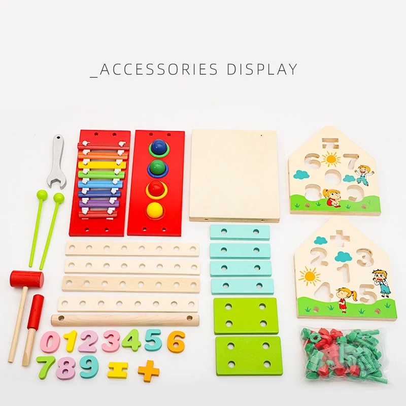 Hot Selling Multifunctional Smart House Wooden Ball Knocking Xylophone Screw matching house Montessori Early Educational Toys