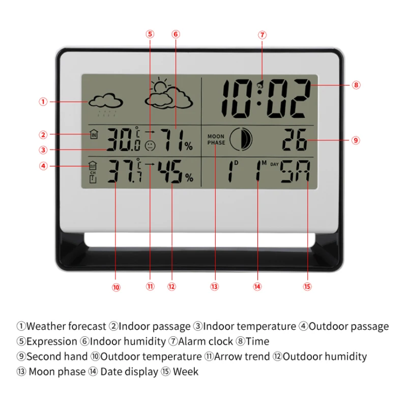 Household wireless weather station clock indoor and outdoor thermometer hygrometer digital calendar alarm clock