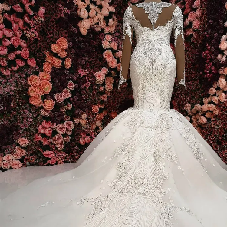 LUWEIYA New Dresses Luxurious Beaded Bride Gowns Long Sleeve Mermaid Wedding Dress Bridal Gowns With Long Train