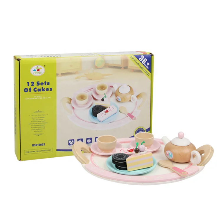 Kids pretend simulation game toy girls wooden play food 12 sets tote cake tea chocolate wood tea toys