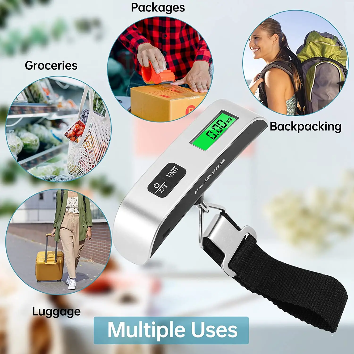 Portable 50kg Smart Luggage Scales Hand Scales with Hook and Belt T Shape Scale for Travel