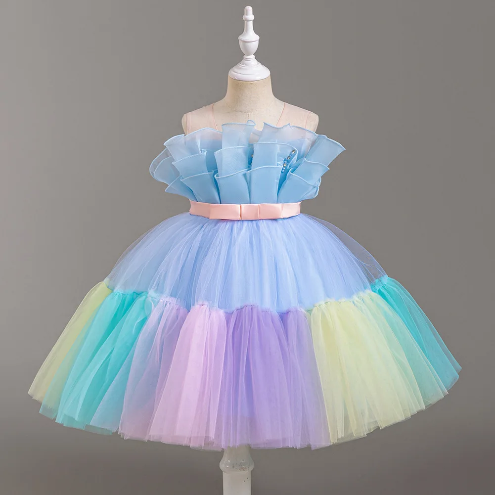 2024 new foreign trade hot style girls colorful matching fluffy cake skirt kids evening party gown children dress