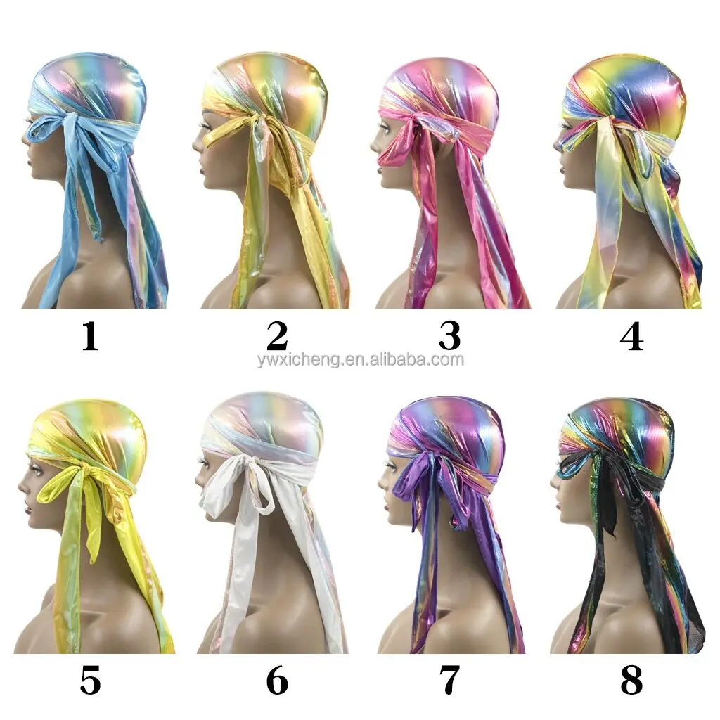 Sparkly Men Women Reflective Silk Durag African Soft Silky Durags Turban Hat Bandana Headwear Long Straps Waves Cap Do Du Rag