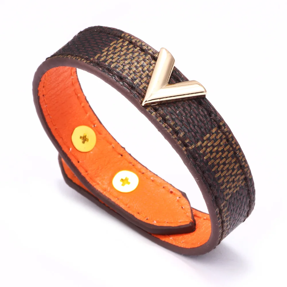 High Quality Luxury Branded Brown Golden V Bangle Bracelet Pu Leather Essential V Monogram Bracelet V Slim Bracelet