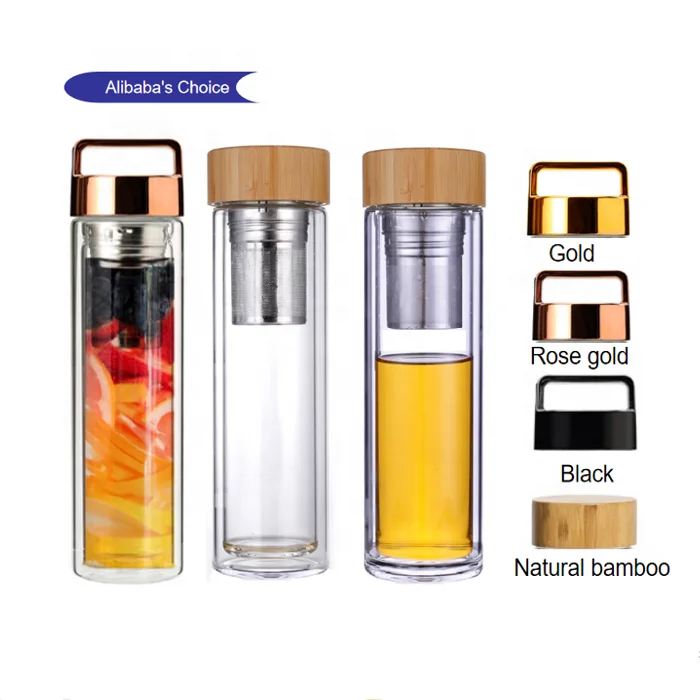 2023 hot selling double wall fruit tea infuser glass water bottle with rose gold metal cap bamboo lid