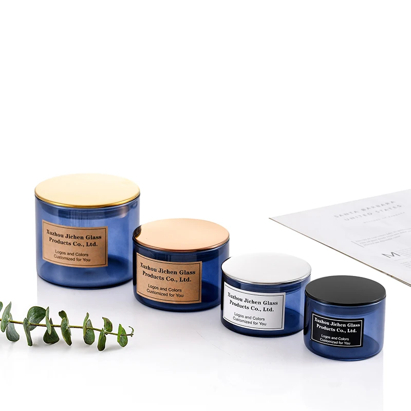 Scented 3oz 5oz 7oz 10oz 12oz 15oz 20oz blue straight soy wax high borosilicate empty glass candle jar with black metal lid