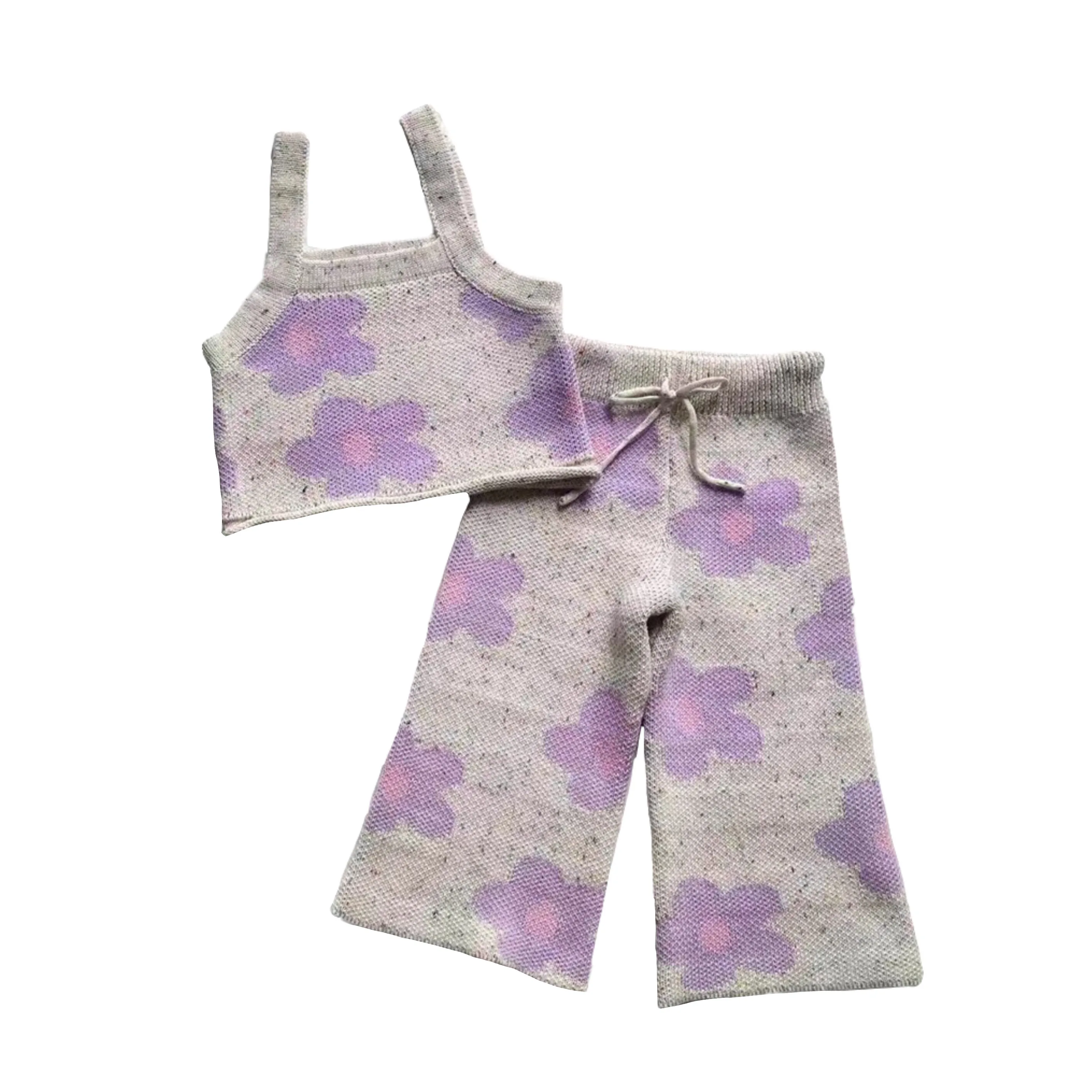 Summer Vocation Baby Girl Beach Outfit  Large Green Floral  Knitted Clothing Set 2 Pieces