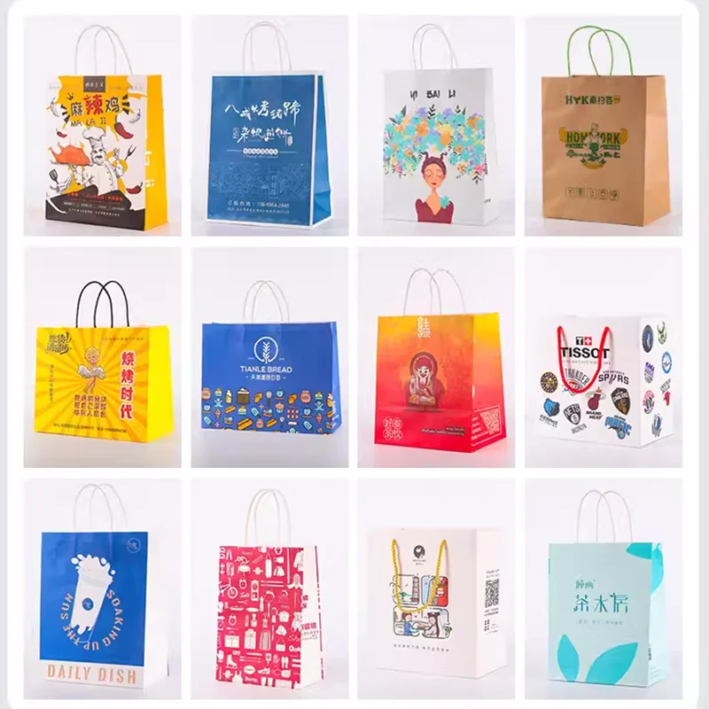 Restaurant Takeaway Custom Shopping Flat Twisted Handles Brown White Pink Black Custom Kraft Paper Bags with Your Own Logo