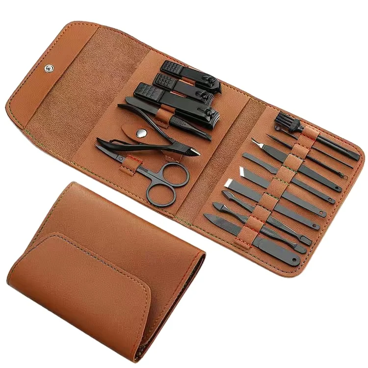 Free Sample 7/12/16PCS PU Leather Black Nails Kit Nail Tool Uv Lamp Professional Cutter Set De Manicure