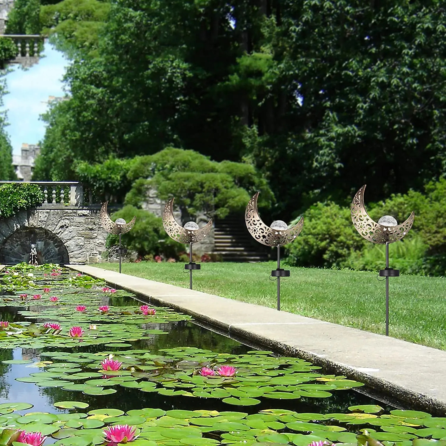 Warm White Outdoor Metal Bronze Moon Crackle Glass Globe Solar Powered Retro Stake Lights for Pathway Lawn Patio Courtyard Decor