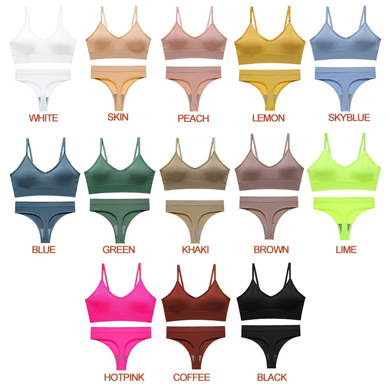 Customize Logo Women Bra Thong Set Sporty Underwear Set Free Size Seamless Bra with Removable Pads Sexy Plain Dyed Knitted