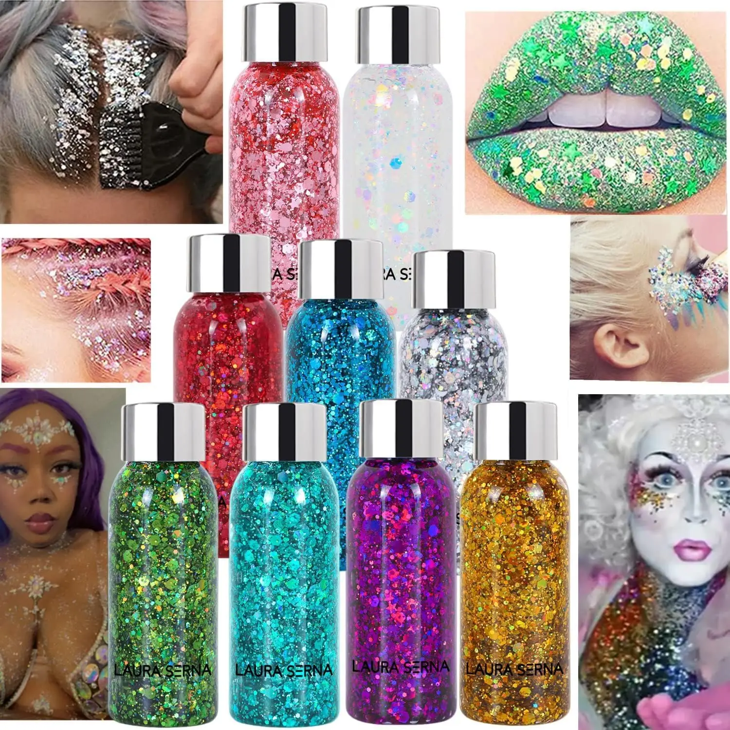 9 Pack Body Glitter Gel Mermaid Sequin Chunky Glitter Face Hair Nail Lip Lasting Sparkling Lotion Glitter Liquid Eye