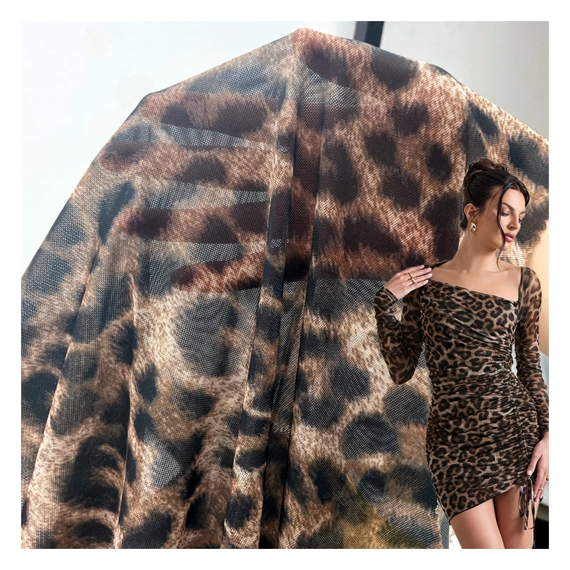 Fancy 91% polyester 9% spandex custom leopard pattern digital printed 120GSM net power mesh fabric