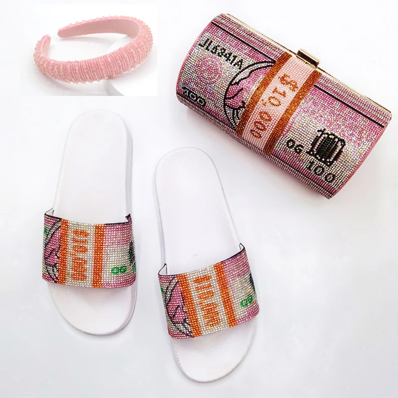 
Latest $100 Dollars Rhinestone Crystal Money Clutch Evening Bag Sparkling Party Prom Sling Crossbody Slipper Headband Set 