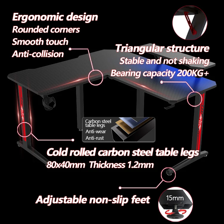 Corner Office Gaming Desk With Table Shelf L shape RGB LED Light Esports Computer Gaming Table Black Pc Gamer Desk With Stand