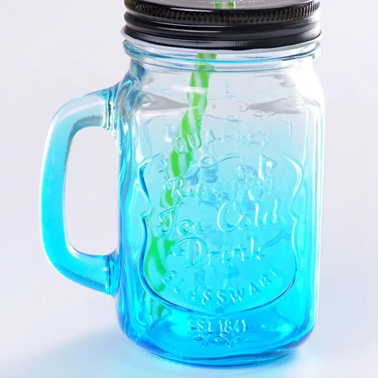 High Quality 16OZ Colored Glass Mason Jar With Handle and Lid for Drinking