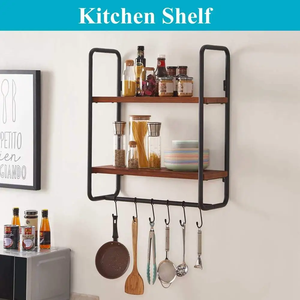 
Solid Wood Wall Shelf with Hooks, 2-Tier Shelves Wall Mounted for Kitchen Bathroom Bedroom and Office, Rustic Entryway Hanging S 