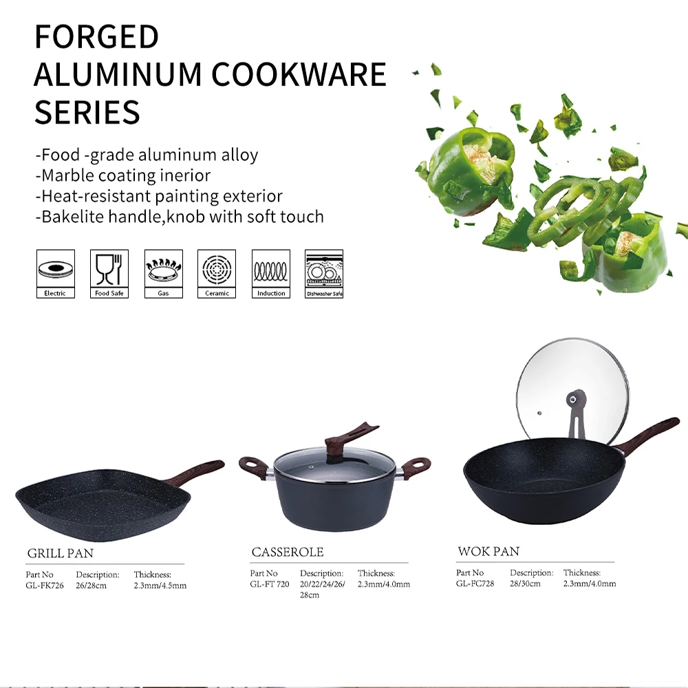 Cookware set forged aluminum kitchenware sauce pan frying pan frying pan casserole set non-stick marble coated bakelite handle