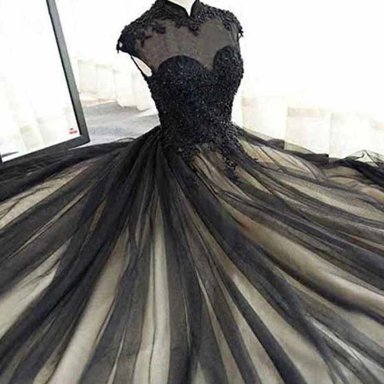 NE239 Black Lace Wedding Dresses High Neck Short Sleeve Champagne Lining A Line Vintage Modest Bridal Gowns vestido de noiva