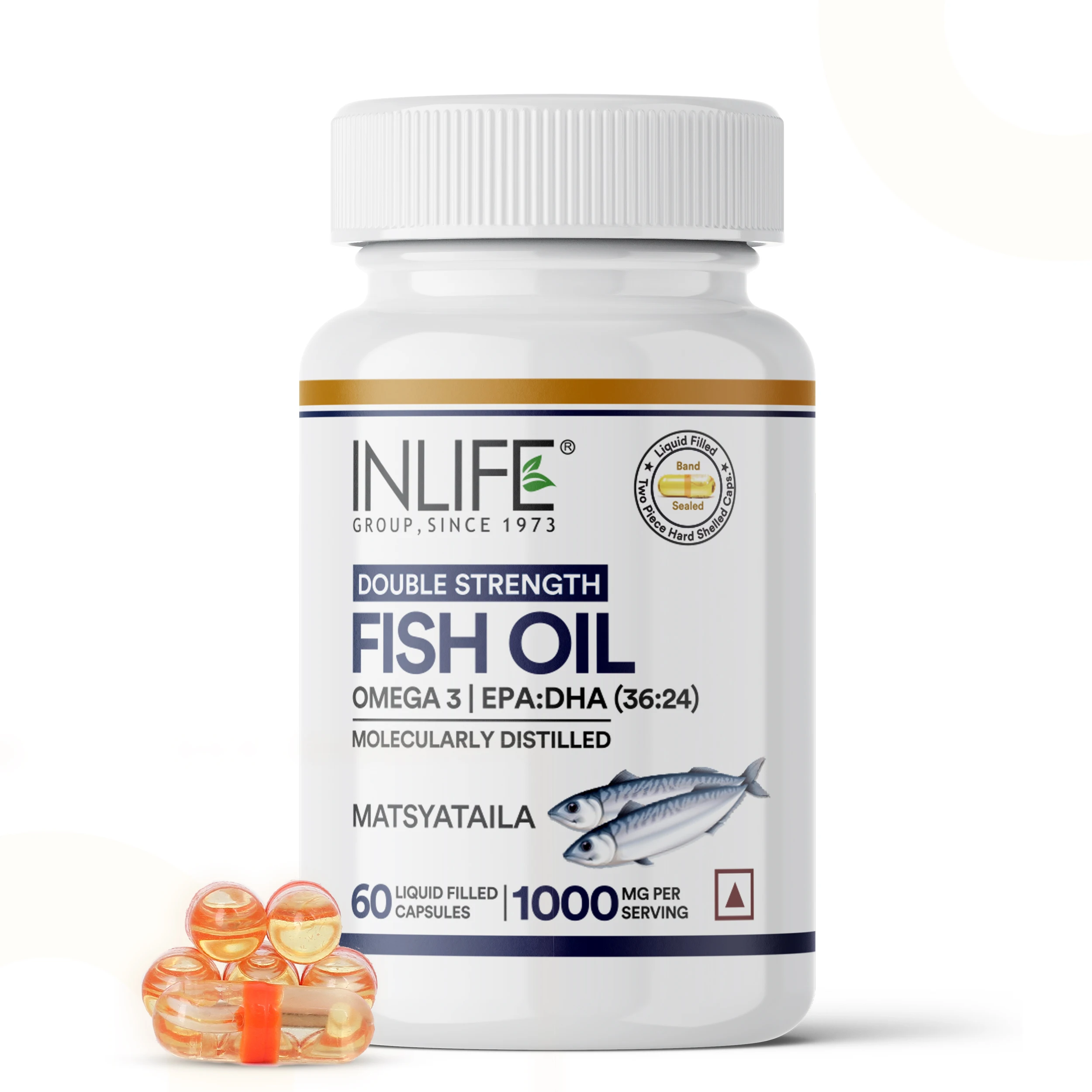 INLIFE Top Quality Omega Supplement 60 Liquid Filled Fish Oil Capsules Two-piece Hard Shelled Gelatine Capsules
