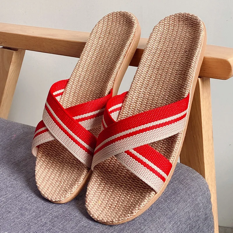 Youerkang New Cross home sandals home indoor non-slip linen slippers men and women non-slip soft slippers