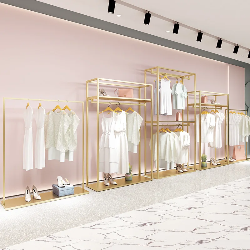 Kainice Shop Furniture Garment Display Women Clothing Shop Interior Design Furniture Designed gold clothing rack