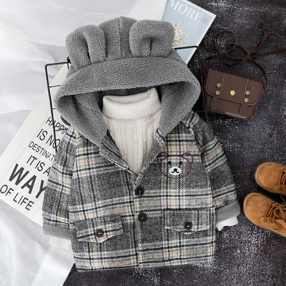 
Fashion toddler boy thick plaid winter outerwear baby coat with fleece hat 