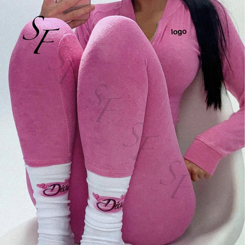 Custom Zip Up Crop Jacket Sweatpants Rhinestone/Embroidery Logo Women towel Sweatsuit Two Pieces Set terry Tracksuit