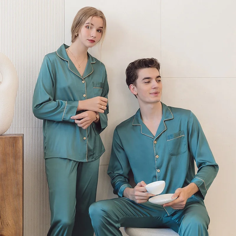 2022 new arrivals ice silk family sleepwear luxury couple Pajamas sets silk satin solid sleepwear for women and men