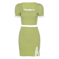 NADANBAO Summer New Hot Sale Solid Color Cropped Top Slit Skirt Suit Lady Elegant Sexy Skirt