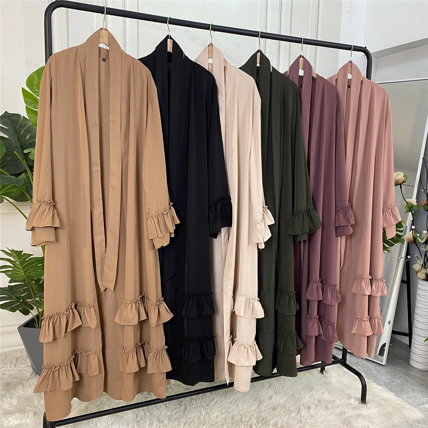 02#2022 Latest Simple Wholesale  Ruffle Sleeve With Pocket Women Muslim Dress Islamic Clothing Dubai Abaya