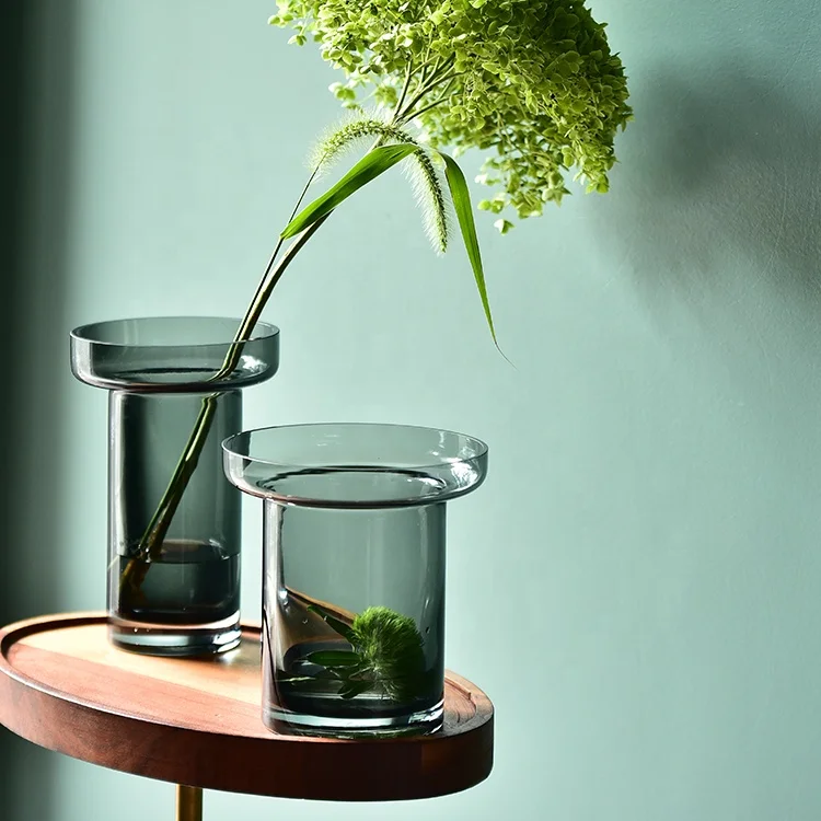 Bixuan Vases Grey Glass Flower Arrangement Vase Unique Wide Mouth Design Cylinder Tube Shape Table Decor Centerpiece Vases