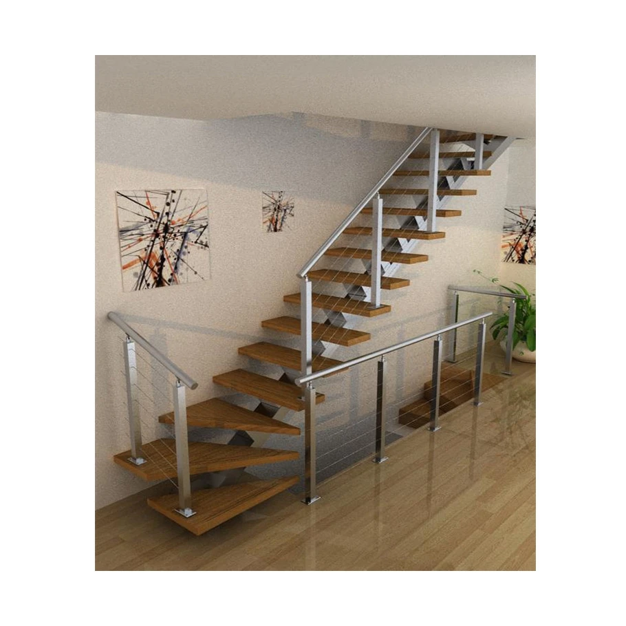 Prima Straight Single Steel Stair modern design Center Beam Straight Staircase Cable Railing Stringer with Wooden Step Design