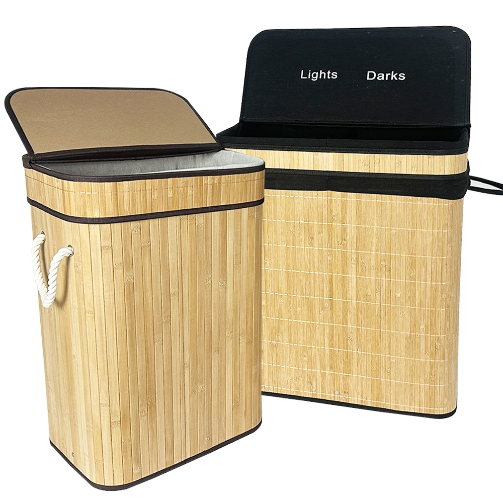 Hot Sale Custom Portable Rectangular bamboo Two-Section laundry basket hamper with Lid Handles