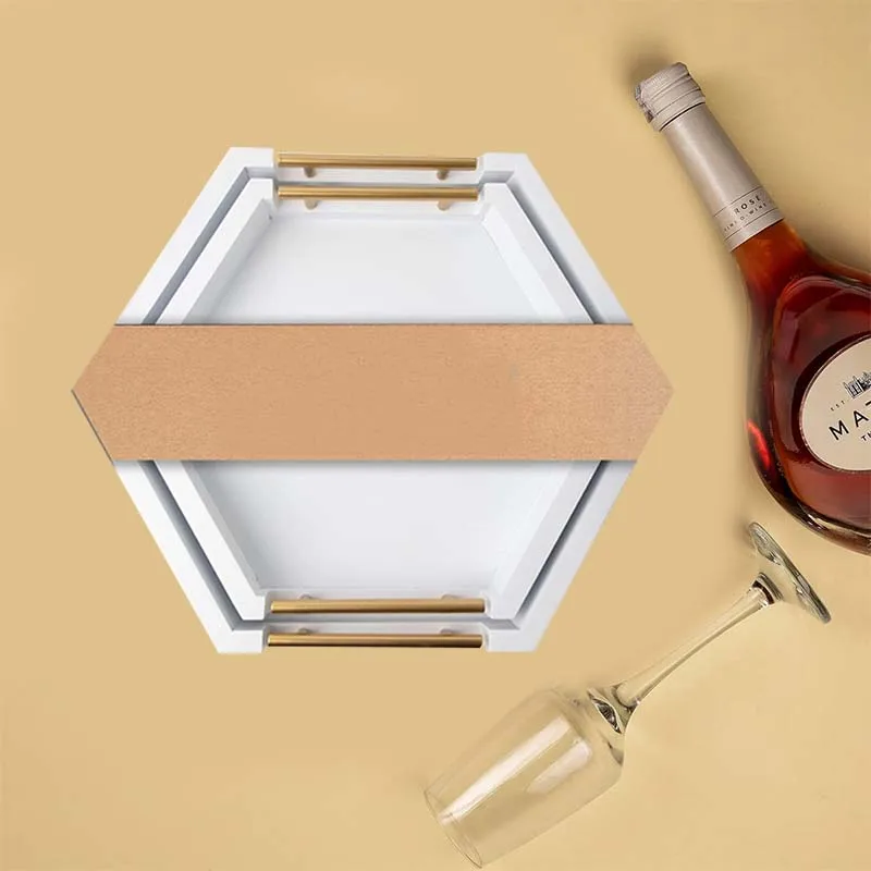 Wooden white tray with gold handle, wooden hexagonal nested tray suitable for food decoration, coffee table