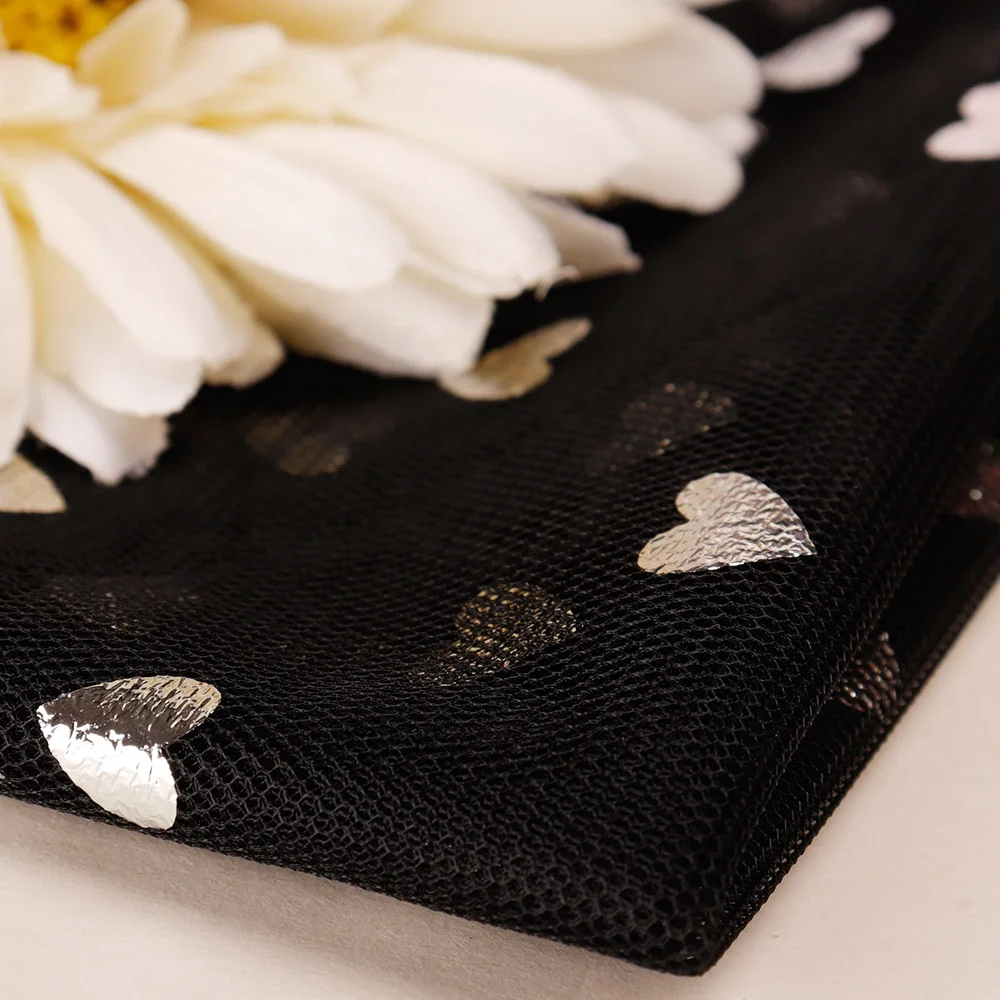 Wholesale 100% Polyester Black Soft Sparkle Heart Pattern Glitter Tulle For Kids Lovely Skirts