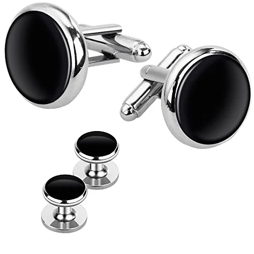 Haosen Ready To Stock Luxury Classic Round Black Cufflinks and Studs Set Wedding Gift for Men