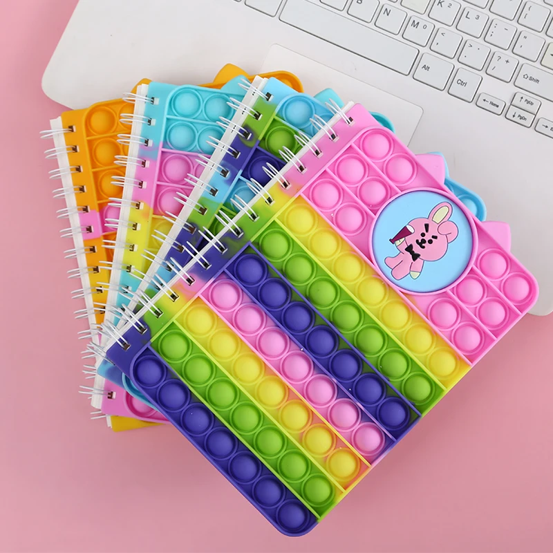 2023 school colorful 100 pages a5 rainbow silicone cover spiral cartoon reduce fidget bubble pop it notebook for kids