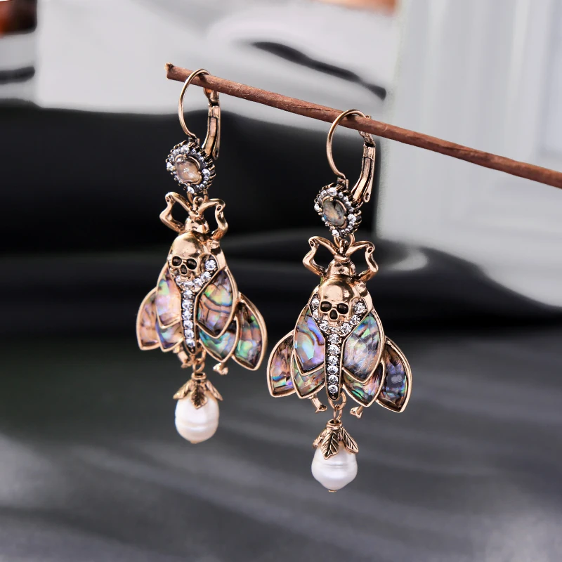 e9112308 Unique Design Long Vintage Gold Skull Fly Insect Colorful Wings Crystal Cultured Freshwater Pearl Charm Earrings