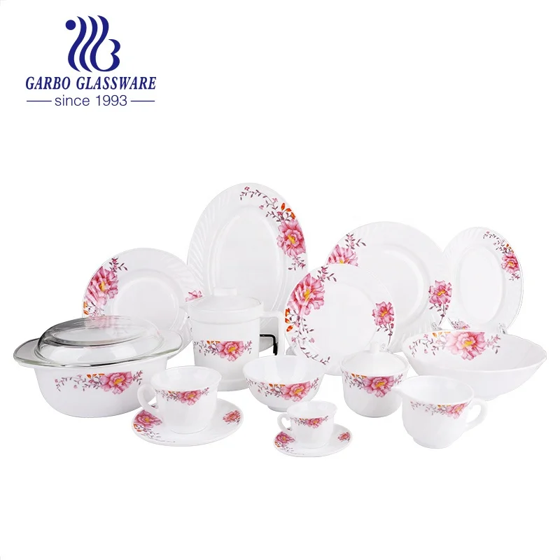 Elegant tableware pure white vivid custom flower printing 36pcs square opal glass dinner set tableware dinning plate bowl set