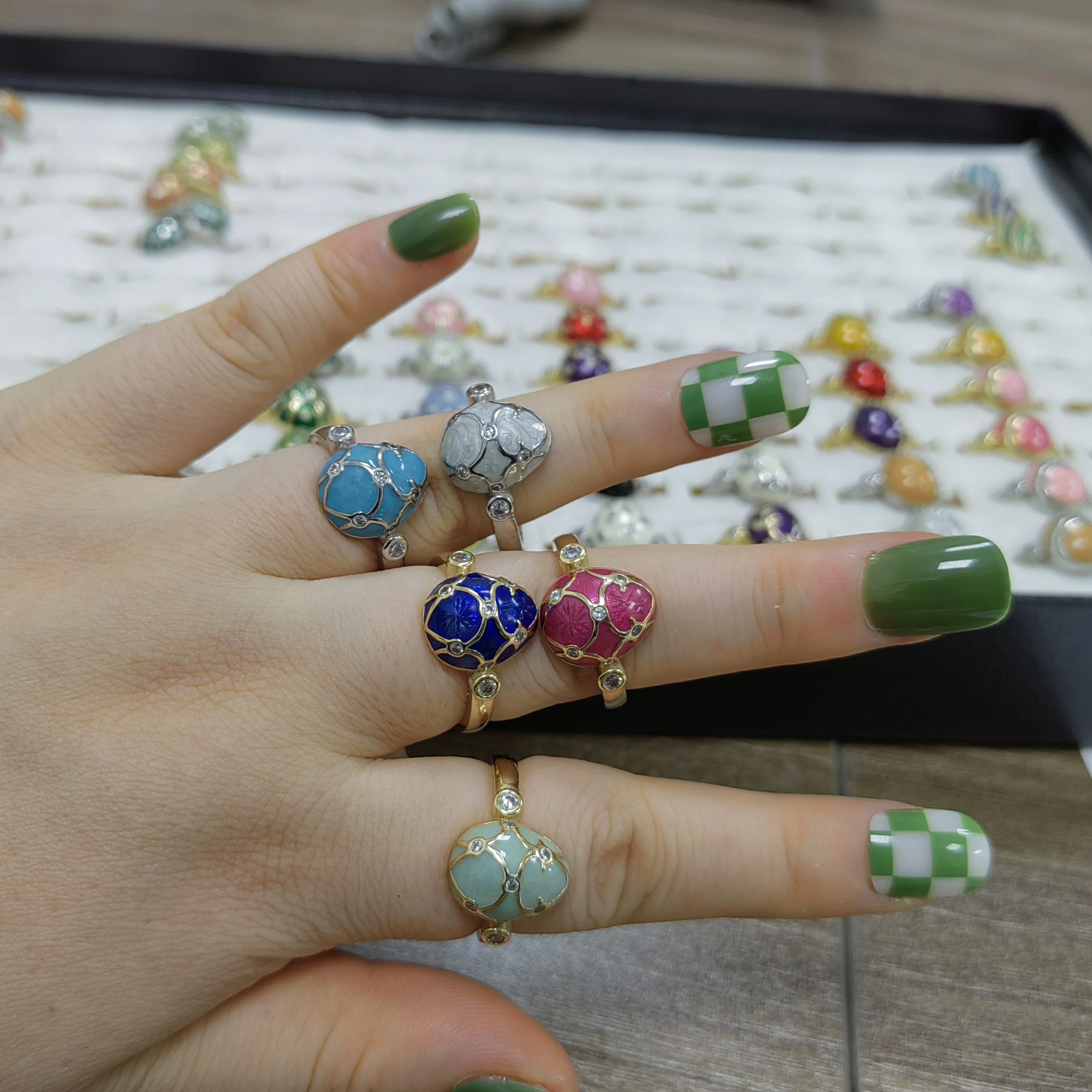 Hot sale  Enamel Faberge Egg Rings Fashion Jewelry  For  gift party