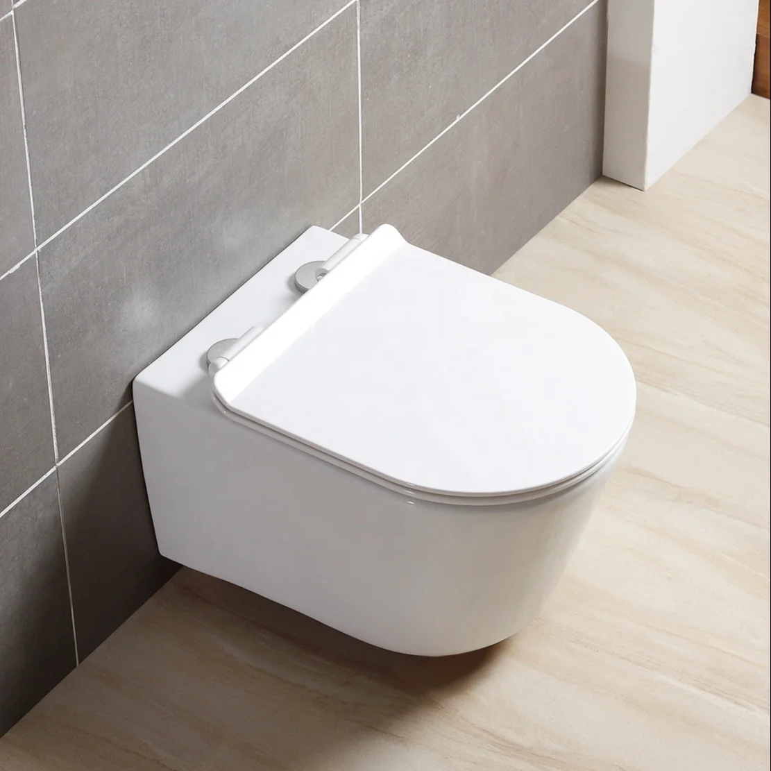 ANBI Rimless Wall Hung Toilet, P trap White Round Wall Hung Toilet, Wc Suspendu Complet Toilets