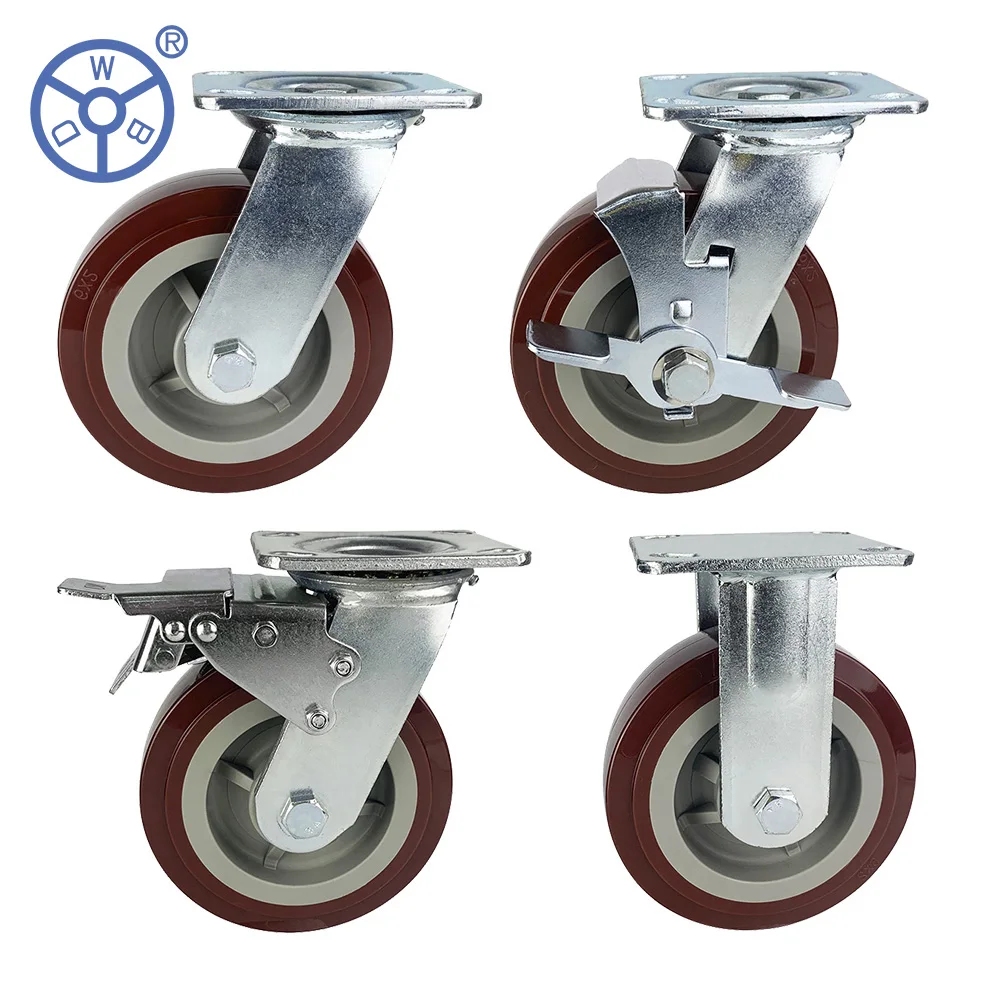 Ylcaster Wholesales 4/5/6/8 Inch pp Core PU/PVC Red Heavy Duty Caster Wheels with