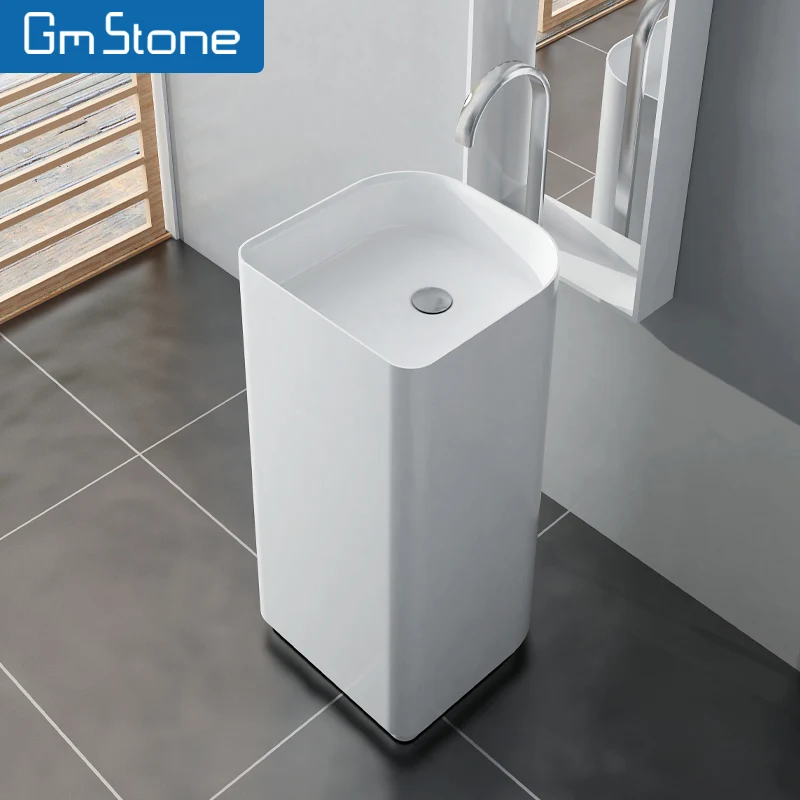 Marble Pedestal Basin Modern Solid Surface Freestanding Wash Sink Hotels Bathrooms Made Artificial Stone Italian Designed White