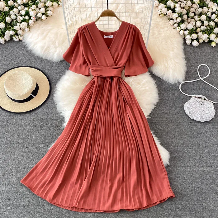 YM1211  New 2022 Korean Chic Solid Color Slim Waist Short Sleeve Pleated Dress Women Midi Dresses Clothing 12