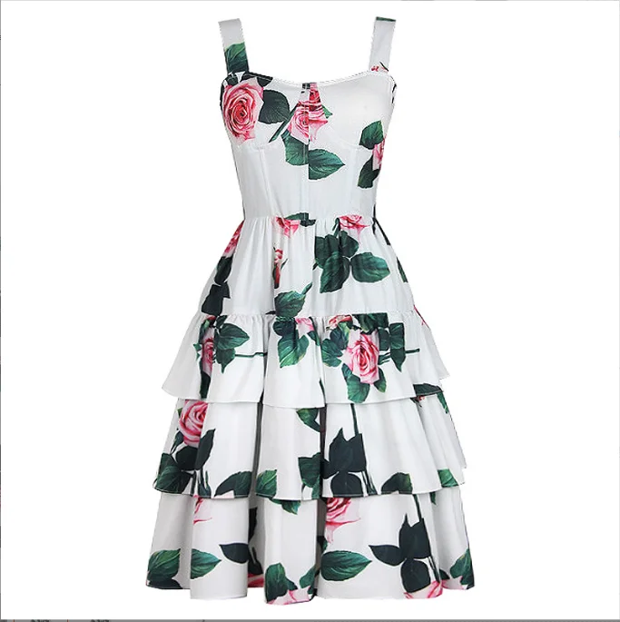 2022 spring and summer new printed cake -type snapped with chest pads slimming high -quality suspender dress for women