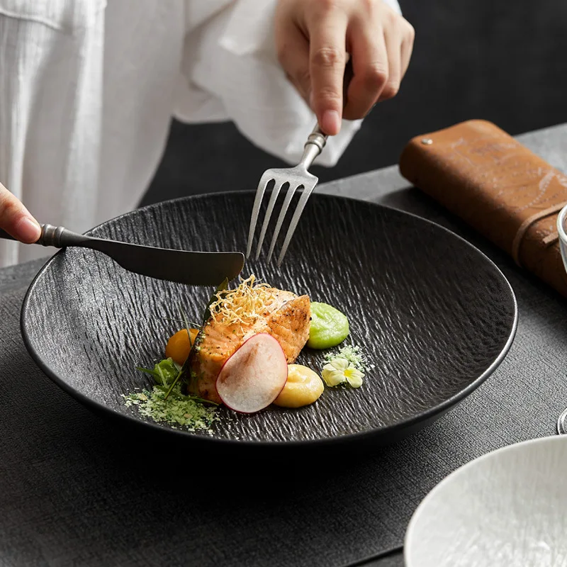 Wholesale nordic elegant kitchen black salad serving plates sets dinnerware ceramic dinner deep dishes & plates