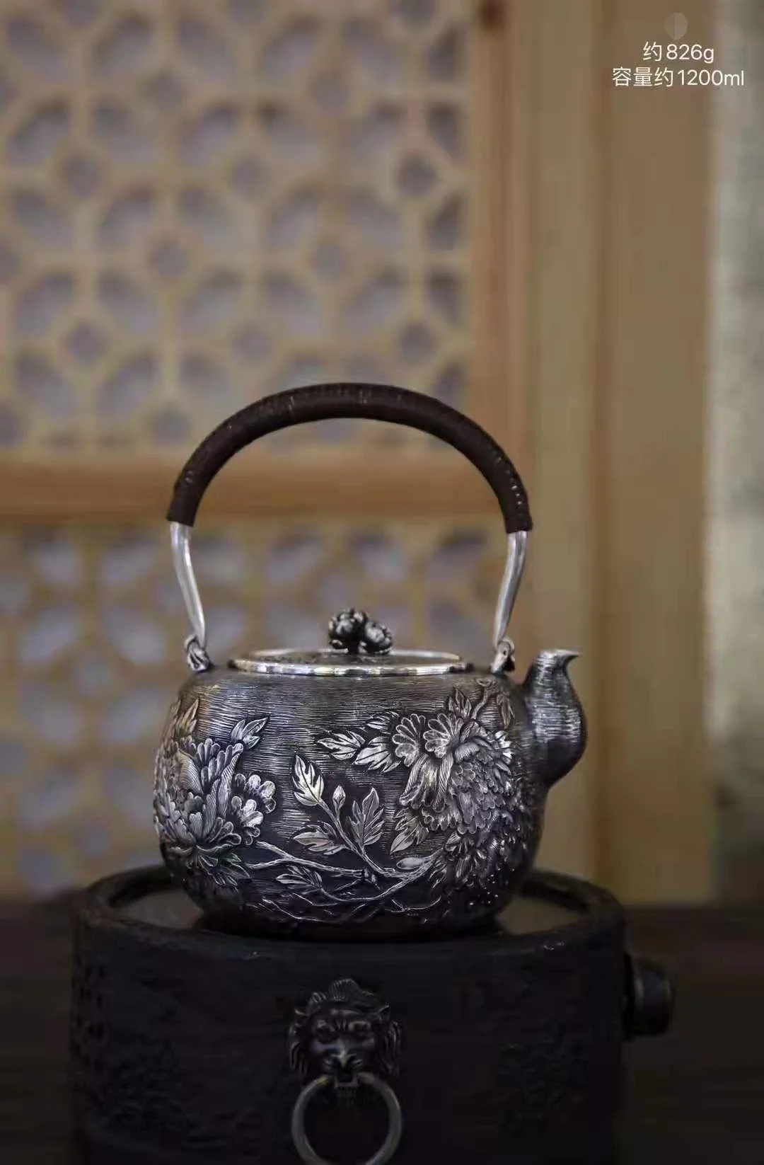 Antique Chinese heritage hand-carved tea set Large-capacity Du Dan embossed kettle