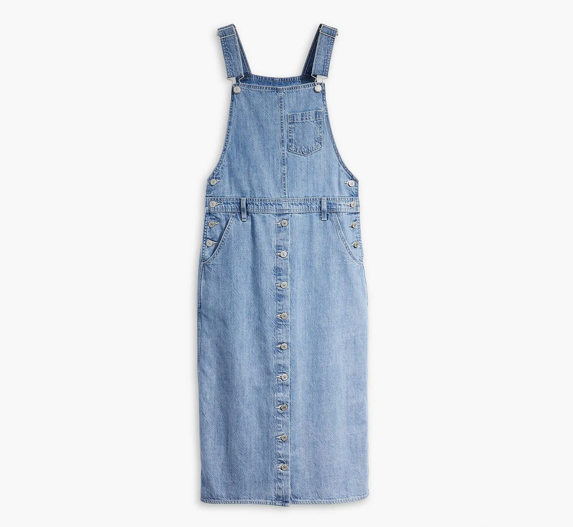 100% Cotton Classic Medium Grey Blue Two Tone Calf Length Denim Jumper Dress Denim Maxi Overall Dress