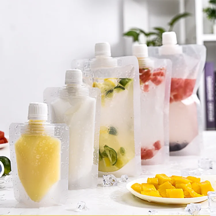 Wholesale Biodegradable Transparent Stand Up Reusable Beverage Fruit Juice Packaging Squeeze Spout Bag